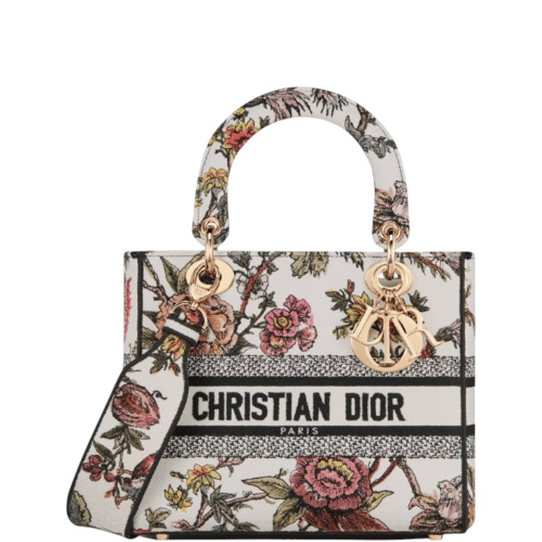 Ezyycart Bags DIR MEDIUM LADY D-LITE BAG WHITE JARDIN BOTANIQUE EMBROIDERY 24CM