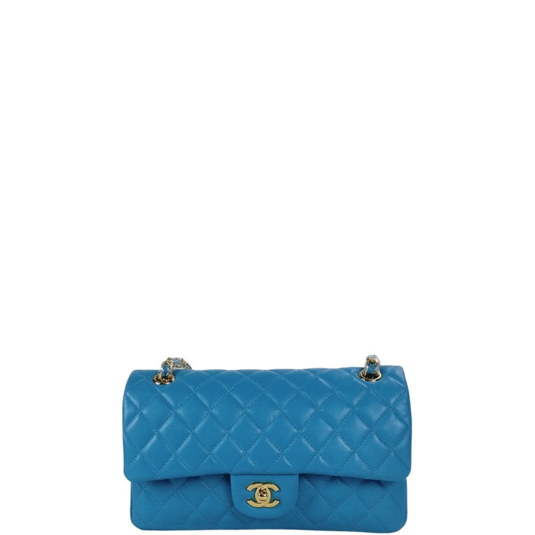 Anum Bags CHL CLASSIC MEDIUM LAMBSKIN FLAP BAG BLUE GOLD 25CM