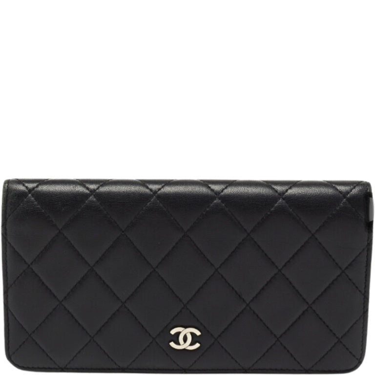 Anum Bags CHL BLACK QUILTED LAMBSKIN CLASSIC LONG FLAP WITH SILVER HARDWARE WALLET 19.5CM