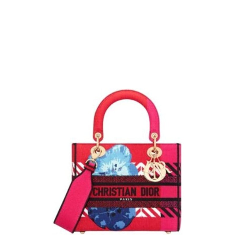 Ezyycart Bags DIR MEDIUM LADY D LITE BAG BRIGHT PINK MULTICOLOR D FLOWER POP EMBROIDERY 24CM