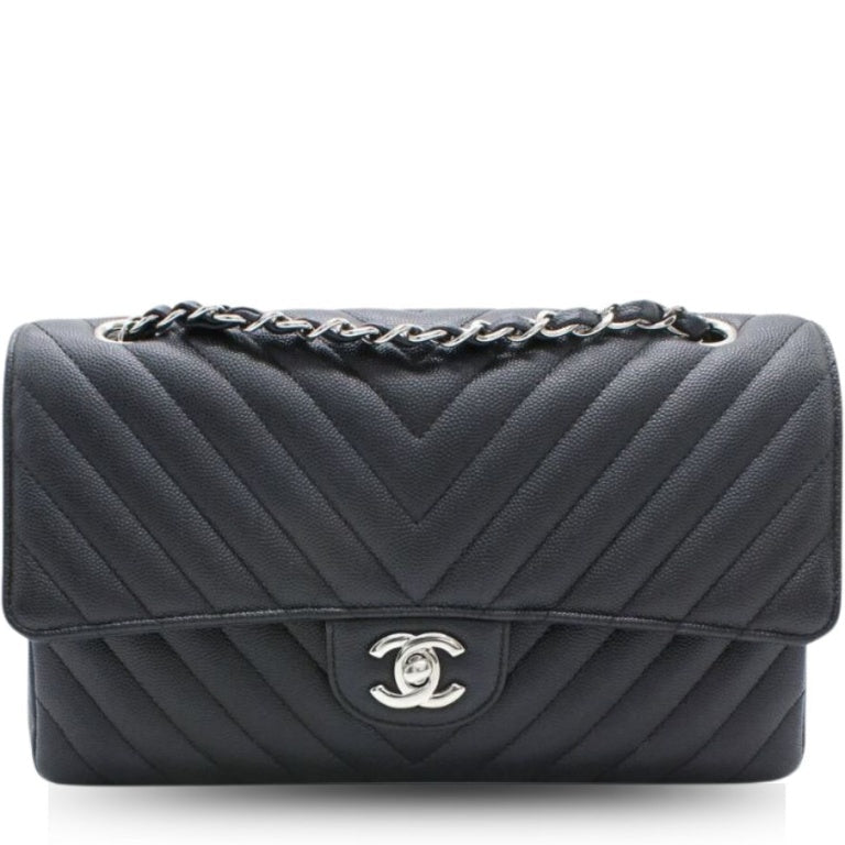Anum Bags CHL CHEVRON CLASSIC HANDBAG SILVER HARDWARE BLACK