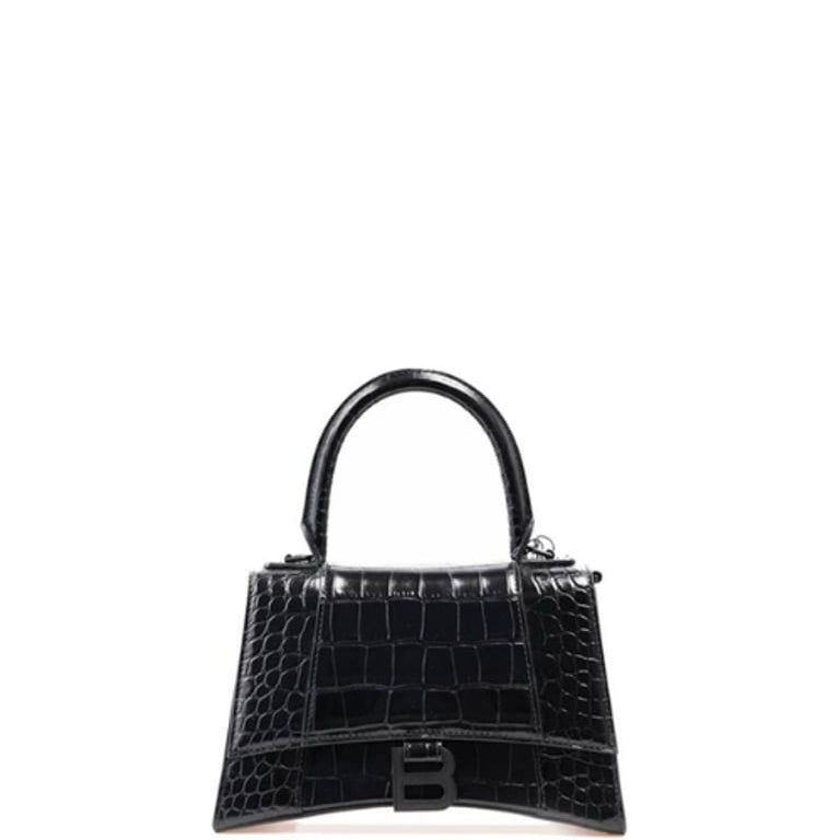Ezyycart Bags BALENCIAGA WOMEN'S HOURGLASS XS HANDBAG CROCODILE EMBOSSED IN BLACK 24CM