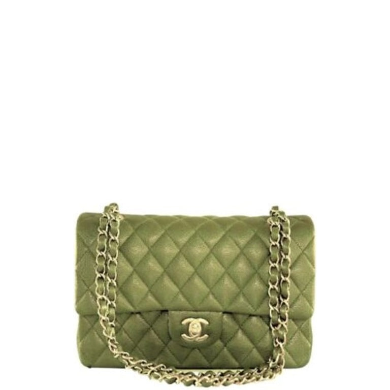 Anum Bags CHL MEDIUM CLASSIC FLAP BAG SILVER HARDWARE GREEN 25CM