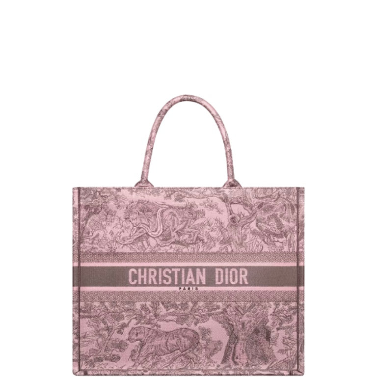 Ezyycart Bags DIR MEDIUM BOOK TOTE PINK AND GRAY TOILE DE JOUY SAUVAGE EMBROIDERY 36CM