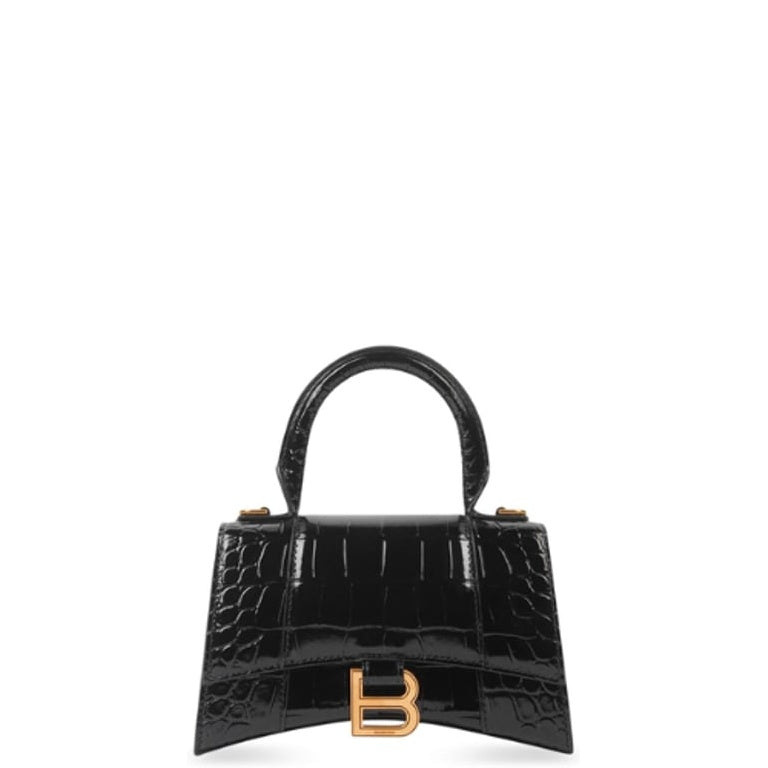 Ezyycart Bags BALENCIAGA WOMEN'S HOURGLASS SMALL HANDBAG CROCODILE EMBOSSED IN BLACK 24CM