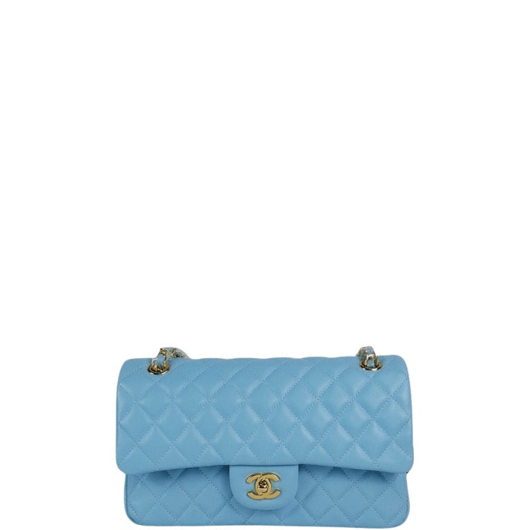 Anum Bags CHL CLASSIC MEDIUM LAMBSKIN FLAP BAG LIGHT BLUE GOLD 25CM