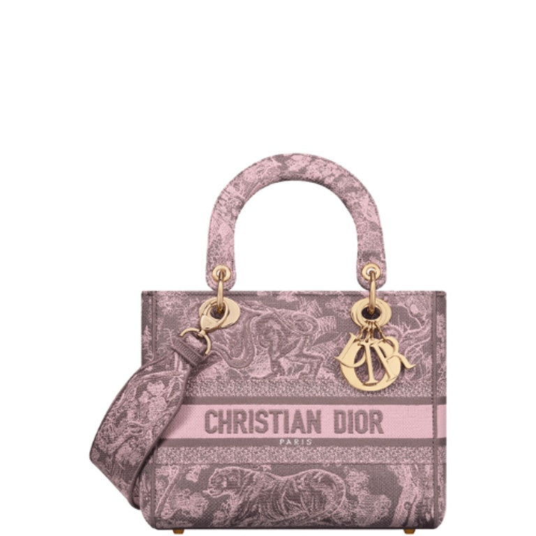 Ezyycart Bags DIR MEDIUM LADY D-LITE BAG PINK AND GRAY TOILE DE JOUY SAUVAGE EMBROIDERY 24CM