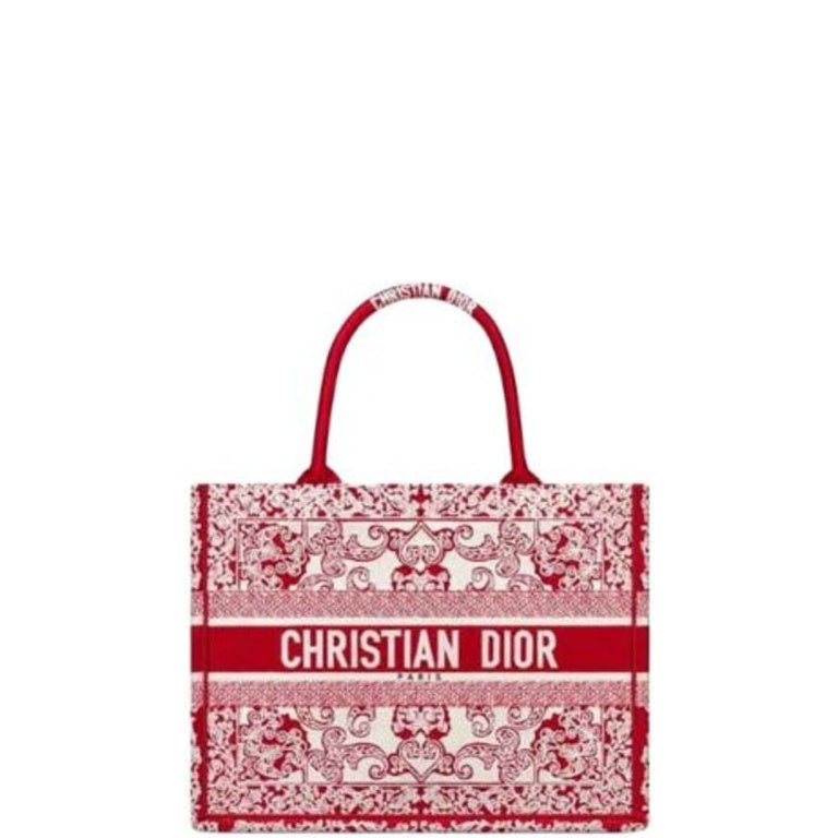 Ezyycart Bags DIR MEDIUM BOOK TOTE BANDANA EMBROIDERY WHITE AND RED 35 CM