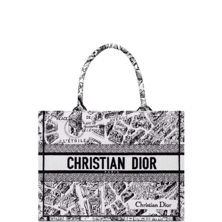 Ezyycart Bags DIR MEDIUM BOOK TOTE WHITE AND BLACK PLAN DE PARIS EMBROIDERY 36CM