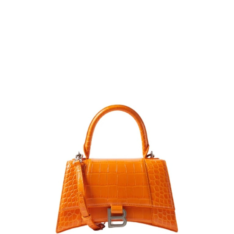 Ezyycart Bags BALENCIAGA WOMEN'S HOURGLASS SMALL HANDBAG CROCODILE EMBOSSED IN ORANGE 24CM