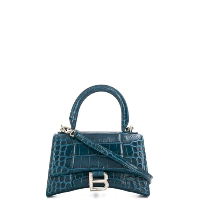 Ezyycart Bags BALENCIAGA WOMEN'S HOURGLASS XS HANDBAG CROCODILE EMBOSSED IN FOREST BLUE 24CM